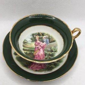Regency Bone China Love Story Tea Cup and Saucer Green Border Love Story England